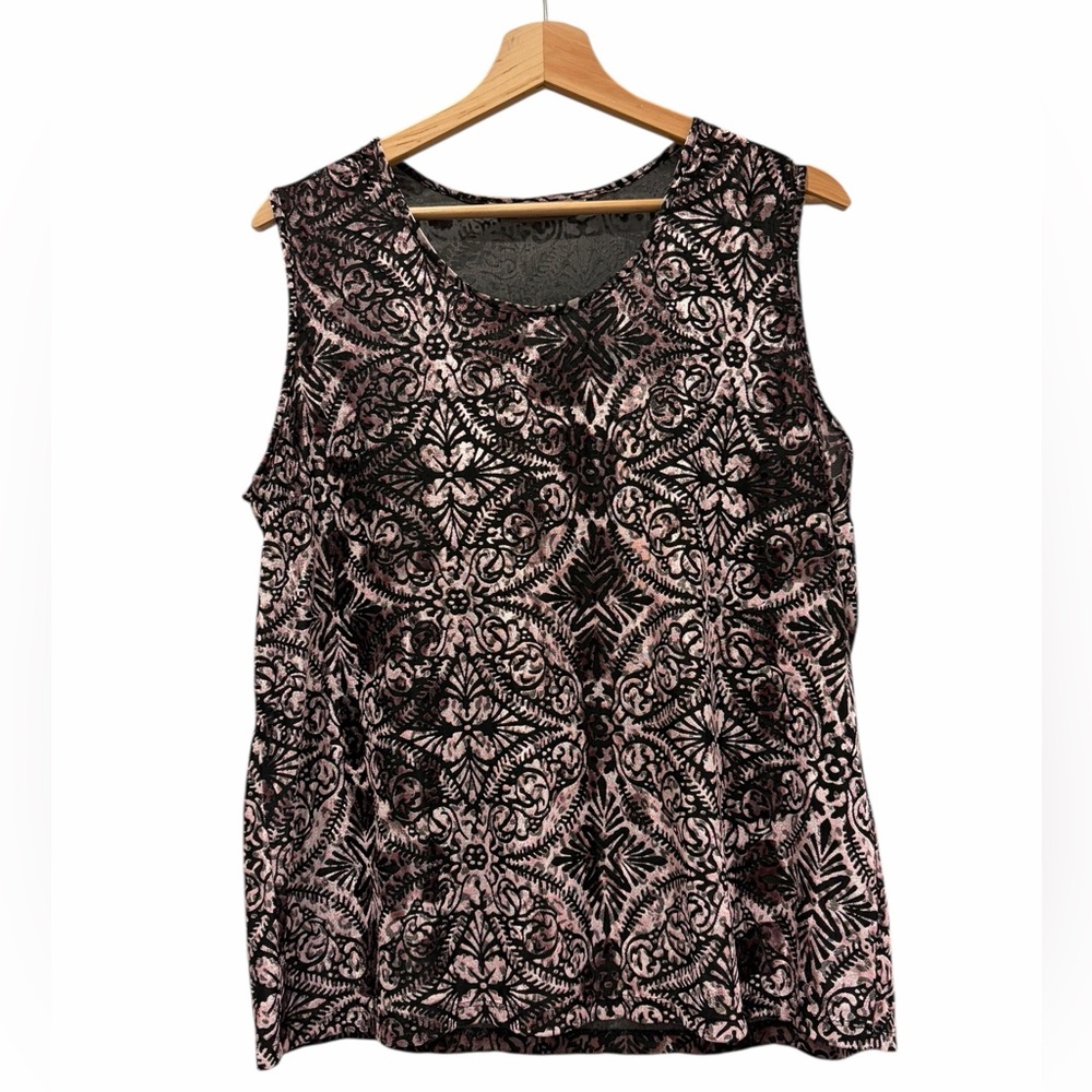 TanJay Velvet Burnout Black & Pink Sheer Mesh Tank Top One Size Office Chic
